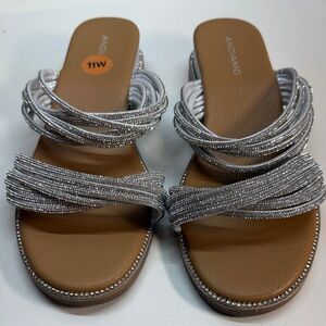 Andiamo Silver Rhinestones Multi-Strap Slide Sandals